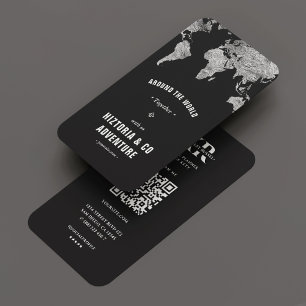 Cartão De Visita Viagem Tour Adventure World Map Silver Black