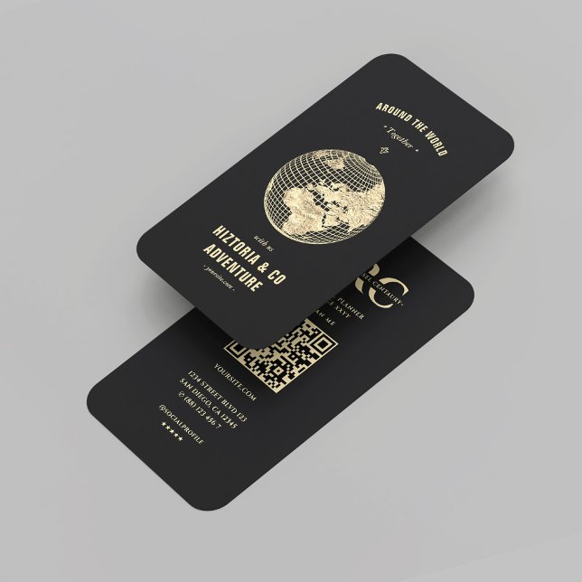 Cartão De Visita Viajante negro do globo Dourado da Agência Viagem  (Modern Travel Agency Black Gold Globe Traveler Business Card
)