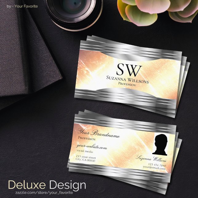 Cartão De Visita Vibrant Ivory Peach Silver Borders Foto Monograma (Criador carregado)