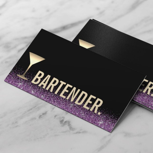 Cartão De Visita Vidro Dourado do Bartender Puro Preto Moderno (Criador carregado)