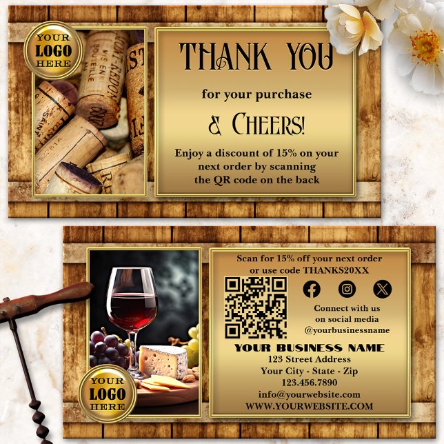 Cartão De Visita Vineyard Winery Wine Venler Foto Muito Obrigado (Thank you for your order business card featuring your custom photos on a wine barrel background)