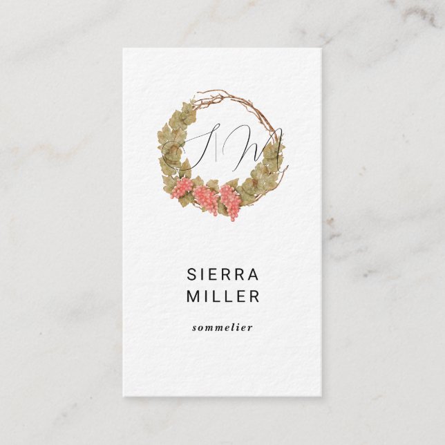 Cartão De Visita Vinho do monograma de uva de aquarela (Frente)
