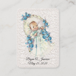 Cartão De Visita Vintage Bebê Menino Batismo Floral Renda