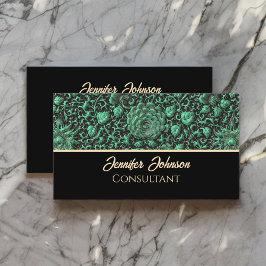 Cartão De Visita Vintage Emerald Green Floral Rosa com script Doura