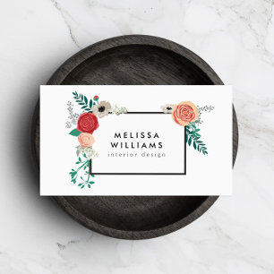 Cartão De Visita Vintage Modern Floral Motif em White Designer
