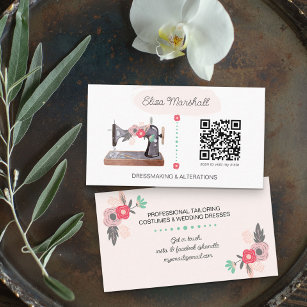 Cartão De Visita Vintage Sewing Machine e QR Code Boho Floral