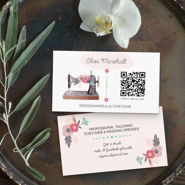 Cartão De Visita Vintage Sewing Machine e QR Code Boho Floral (Criador carregado)