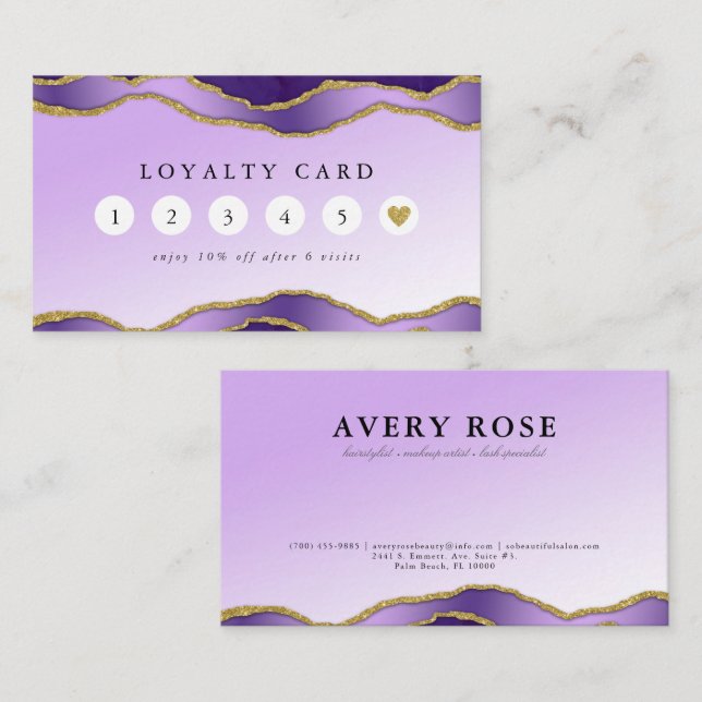 Cartão De Visita Violet & Dourado Marble Agate Beauty Lealdade Salã (Frente/Verso)