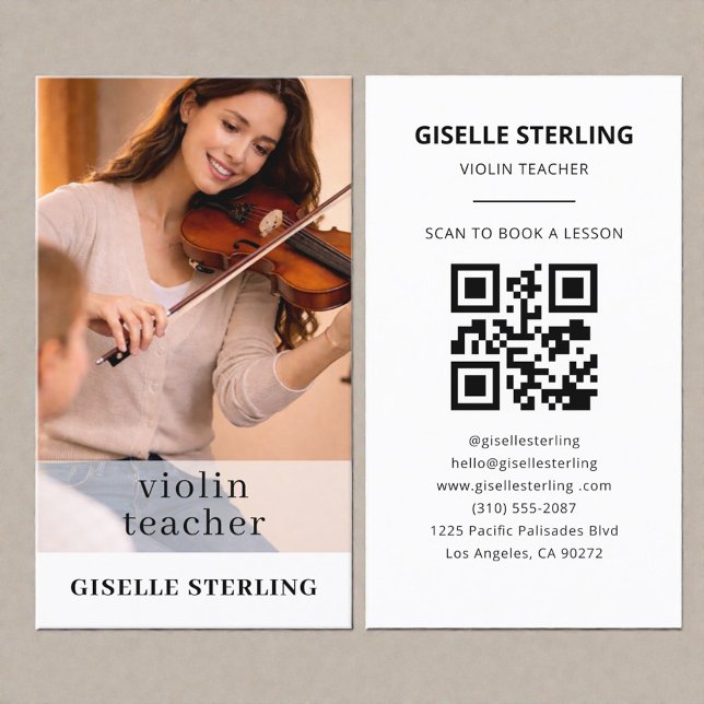 Cartão De Visita Violin Teacher QR Code Photo (Criador carregado)