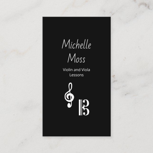 Cartão De Visita Violin Viola Music Lessons Black White Simple  (Frente)