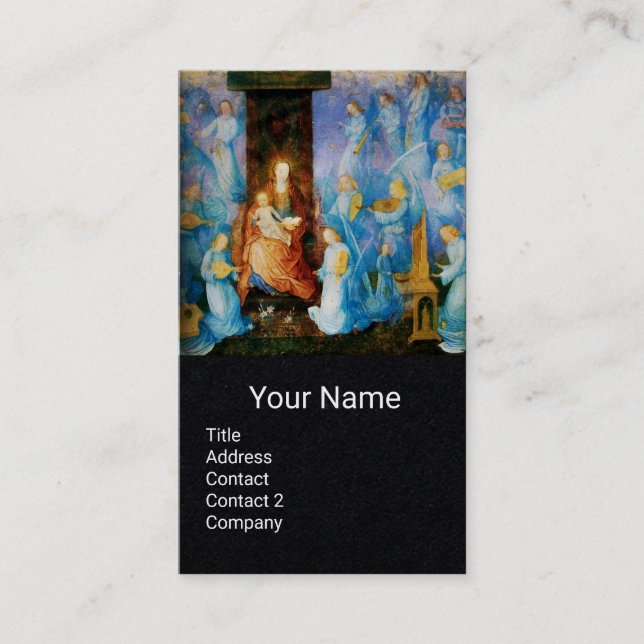 Cartão De Visita VIRGEM E CRIANÇA, ANJO MUSICAL AZUL Papel preto (Frente)