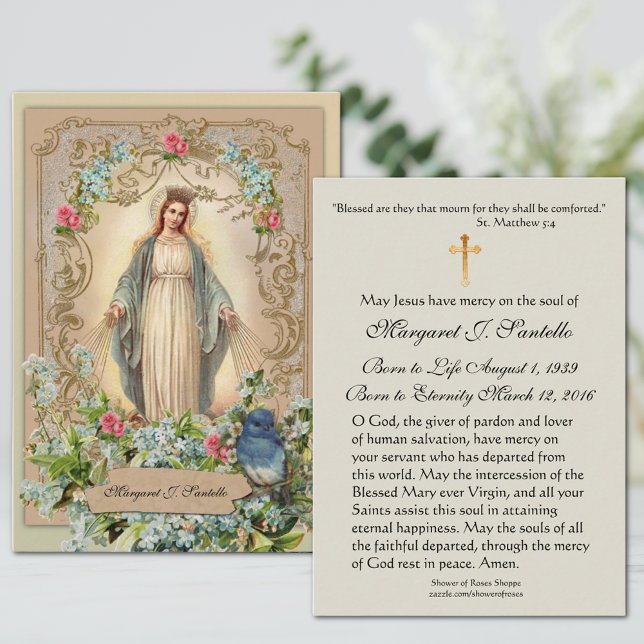 Cartão De Visita Virgem Maria Memorial Funeral Católico Santa Carte (Traditional Catholic Funeral Prayer Card of the Blessed Virgin Mary, Our Lady of Grace)