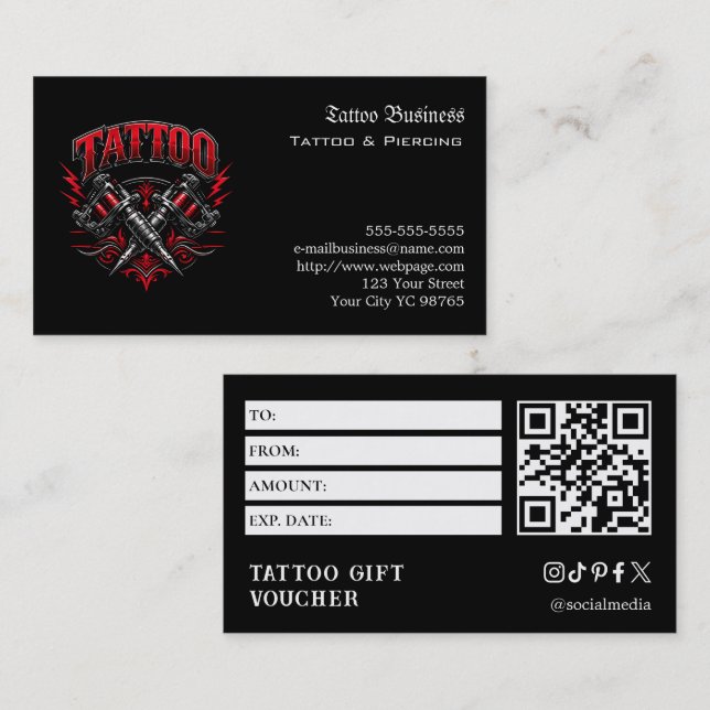 Cartão De Visita Voucher de Presente de Tatuagem (Frente/Verso)