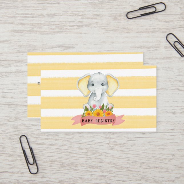 Cartão De Visita Watercolor Elephant Yellow Strike Baby Registry (Frente/Verso In Situ)