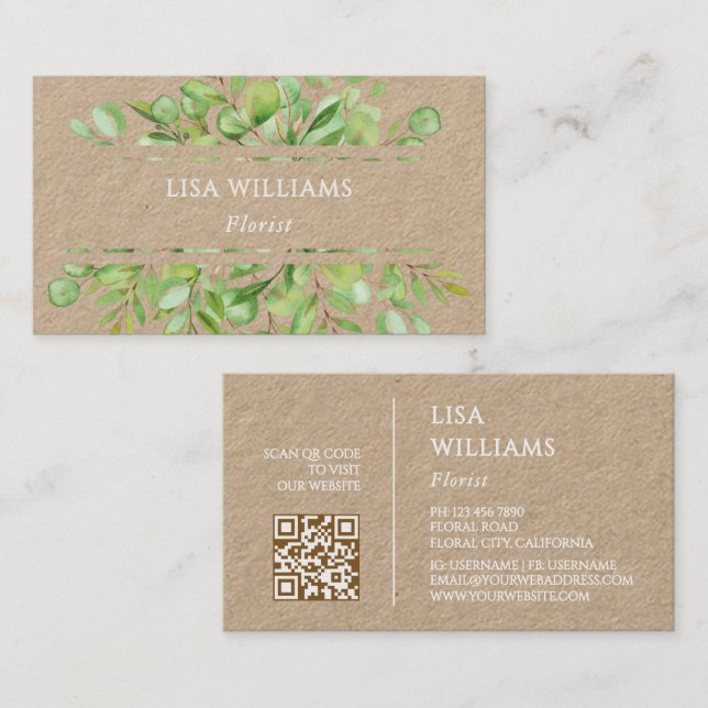 Cartão De Visita Watercolor Greenery Rustic  | QR Code (Frente/Verso)