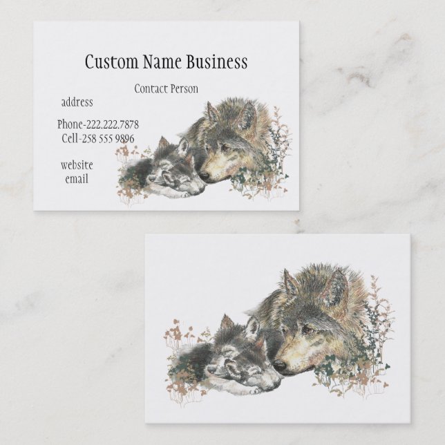 Cartão De Visita Watercolor Madre ou Padre Wolf com Cubs (Frente/Verso)