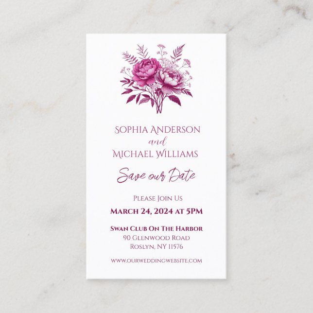 Cartão De Visita Watercolor Magenta Peony- Wedding-Save Date- (Frente)