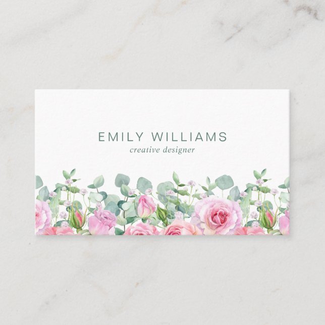 Cartão De Visita Watercolor Pink Rose Flowers Business Card (Frente)