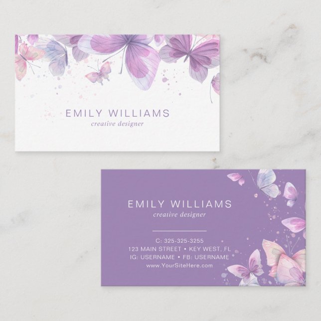 Cartão De Visita Watercolor Purple Butterflies Business Card (Frente/Verso)