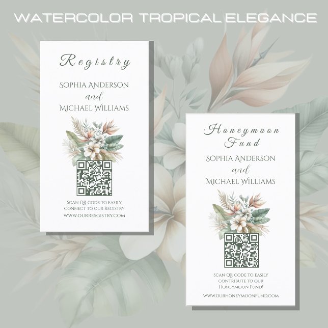 Cartão De Visita Watercolor Tropical Elegance - Registry-Honeymoon (Watercolor Tropical Elegance Wedding Collection-Registry and Honeymoon Fund-Green and Peach)
