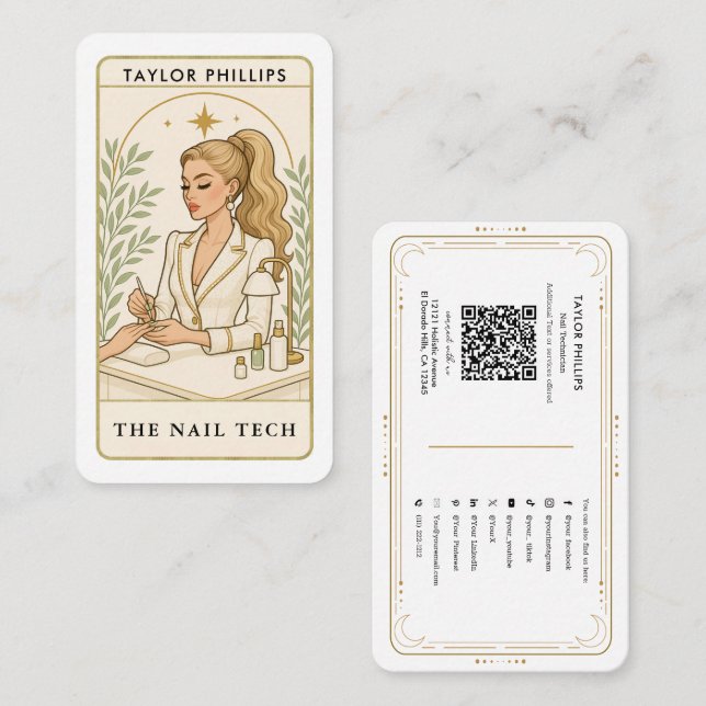 Cartão De Visita Wavy Blonde Nail Tech Tarot Social Media QR (Frente/Verso)
