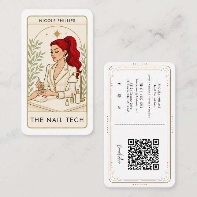 Cartão De Visita Wavy Red Hair Nail Tech Tarot Social Media QR (Frente/Verso)