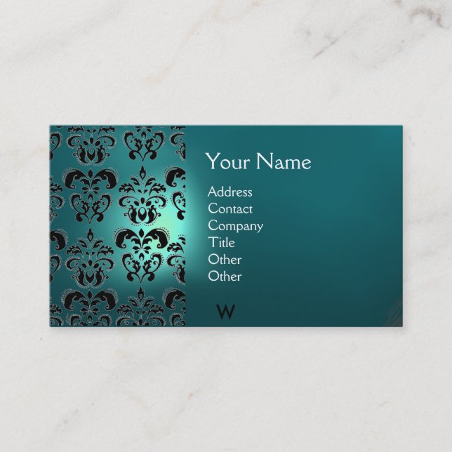 Cartão De Visita WAX SEAL DAMASK MONOGRAM Blue acquamarine (Frente)