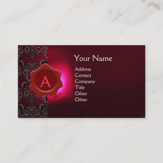 Cartão De Visita WAX SEAL DAMASK MONOGRAMA rosa Burgundi (Frente)