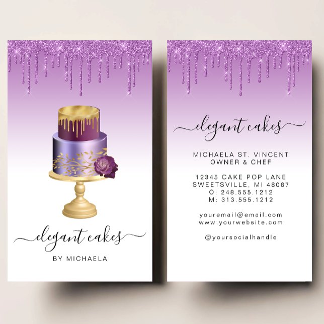 Cartão De Visita Wedding Cake Glitter Drip Purple Bakery (Criador carregado)