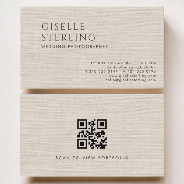 Cartão De Visita Wedding Photographer Luxury Neutral Linen QR Code (Criador carregado)