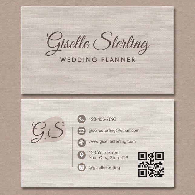 Cartão De Visita Wedding Planner Beige Linen Modern Elegant QR Code (Criador carregado)