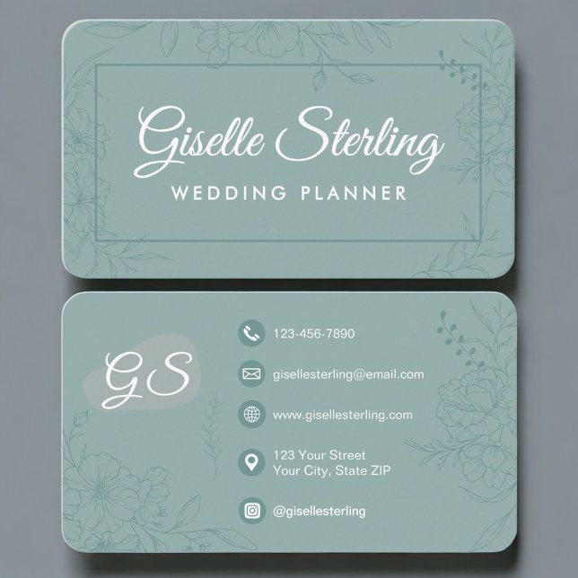 Cartão De Visita Wedding Planner Green Teal Floral (Criador carregado)