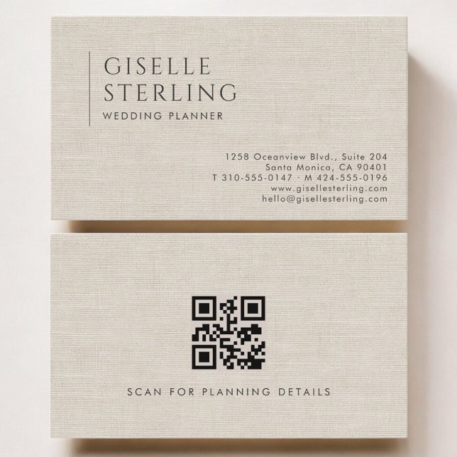 Cartão De Visita Wedding Planner Luxury Neutral Linen QR Code (Criador carregado)
