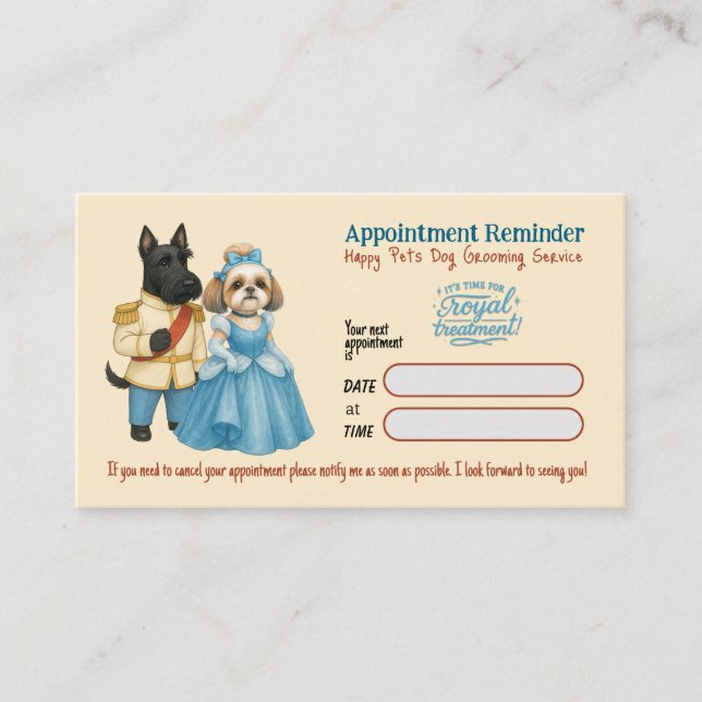 Cartão De Visita Whimsical  Dog Grooming Appointment Reminder Card (Frente)
