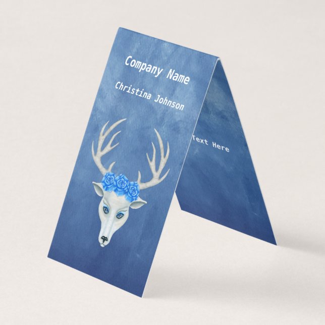 Cartão De Visita White Fantasy Deer Head Antlers Grandes Rosas Azul (Frente)