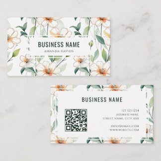 Cartão De Visita White Floral Pattern Green Greenery QR Code