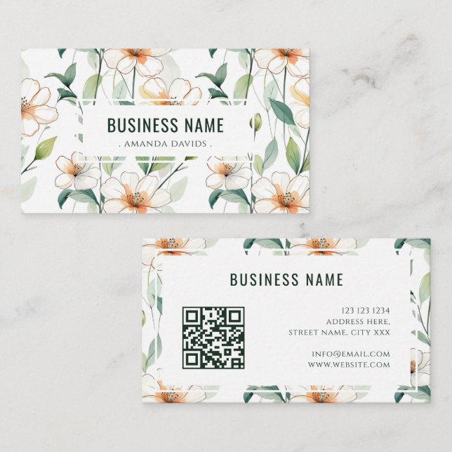 Cartão De Visita White Floral Pattern Green Greenery QR Code (Frente/Verso)