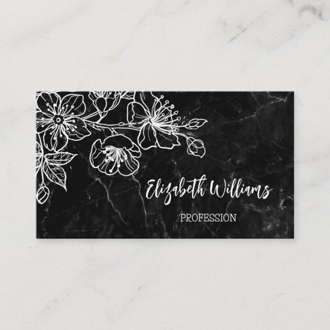 Cartão De Visita White Line Art Floral Black Marble Code (Frente)