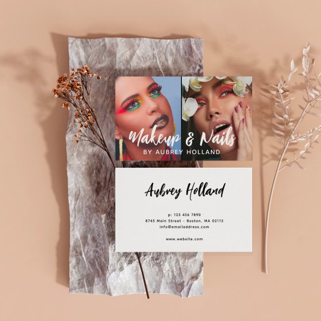 Cartão De Visita White Makeup & Unhas White Script 2 Fotografias (Criador carregado)