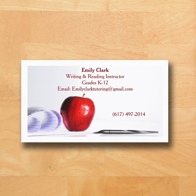 Cartão De Visita White QR Code School Teacher  Red Apple   (White Business Card for Teacher )