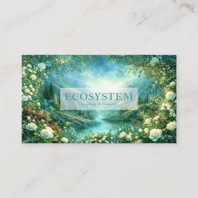 Cartão De Visita White Rose Floral and Glowing Green River Valley (Frente)