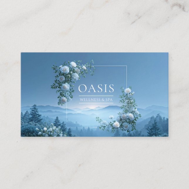 Cartão De Visita White Rose Floral and Misty Blue Mountain Valley (Frente)