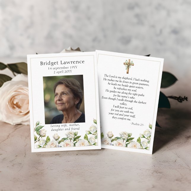 Cartão De Visita White Roses Memorial Photo Psalm 23 Prayer Card (Criador carregado)