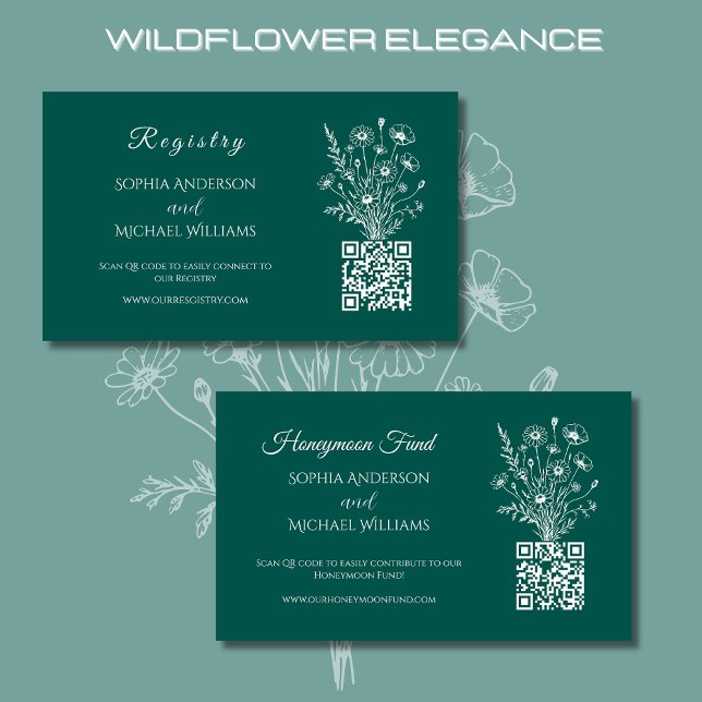 Cartão De Visita Wildflower Elegance-Registry-Honeymoon (Wildflower Elegance Wedding Registry and Honeymoon Fund Emerald Green, Rustic, Country Bohemian)