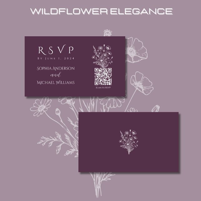 Cartão De Visita Wildflower Elegance-RSVP-Código QR- (Wildflower Elegance Wedding RSVP Purple-Rustic, Country, Bohemian)