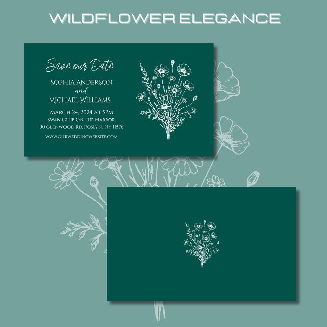 Cartão De Visita Wildflower Elegance Wedding-Save Date- (Wildflower Elegance Wedding Save Our Date-Emerald Green-Rustic, Bohemian, Country)