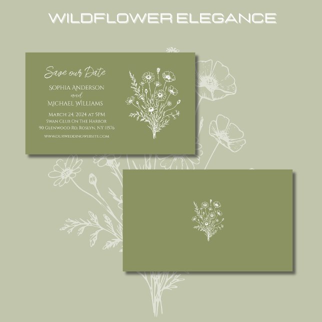 Cartão De Visita Wildflower Elegance Wedding-Save Date- (Wildflower Elegance Wedding Collection-Fern Green-Save Our Date)