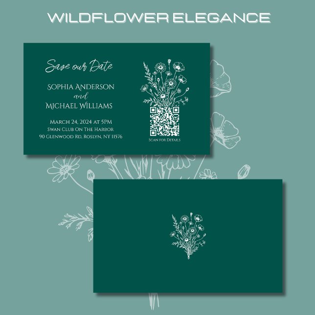 Cartão De Visita Wildflower Elegance-Weding Save The Date- Green- (Wildflower Elegance Wedding Save Our Date-Emerald Green-Rustic, Country, Bohemian)