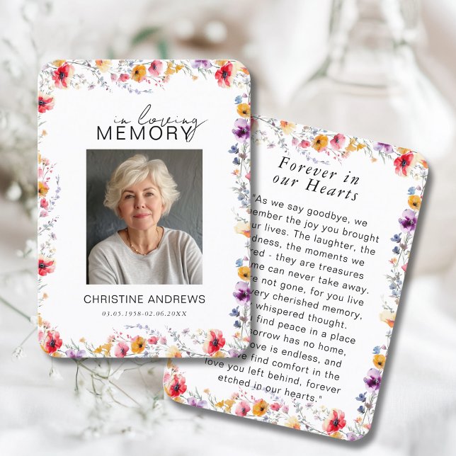 Cartão De Visita Wildflower "In Loving Memory" Photo Memorial  (Wildflower "In Loving Memory" Custom Photo Memorial Funeral Card)