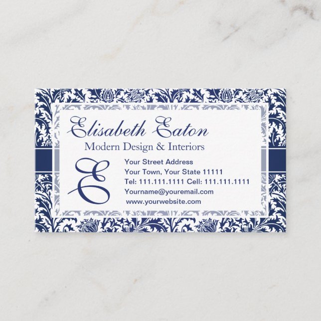 Cartão De Visita William Morris azul e branco elegante floral (Frente)